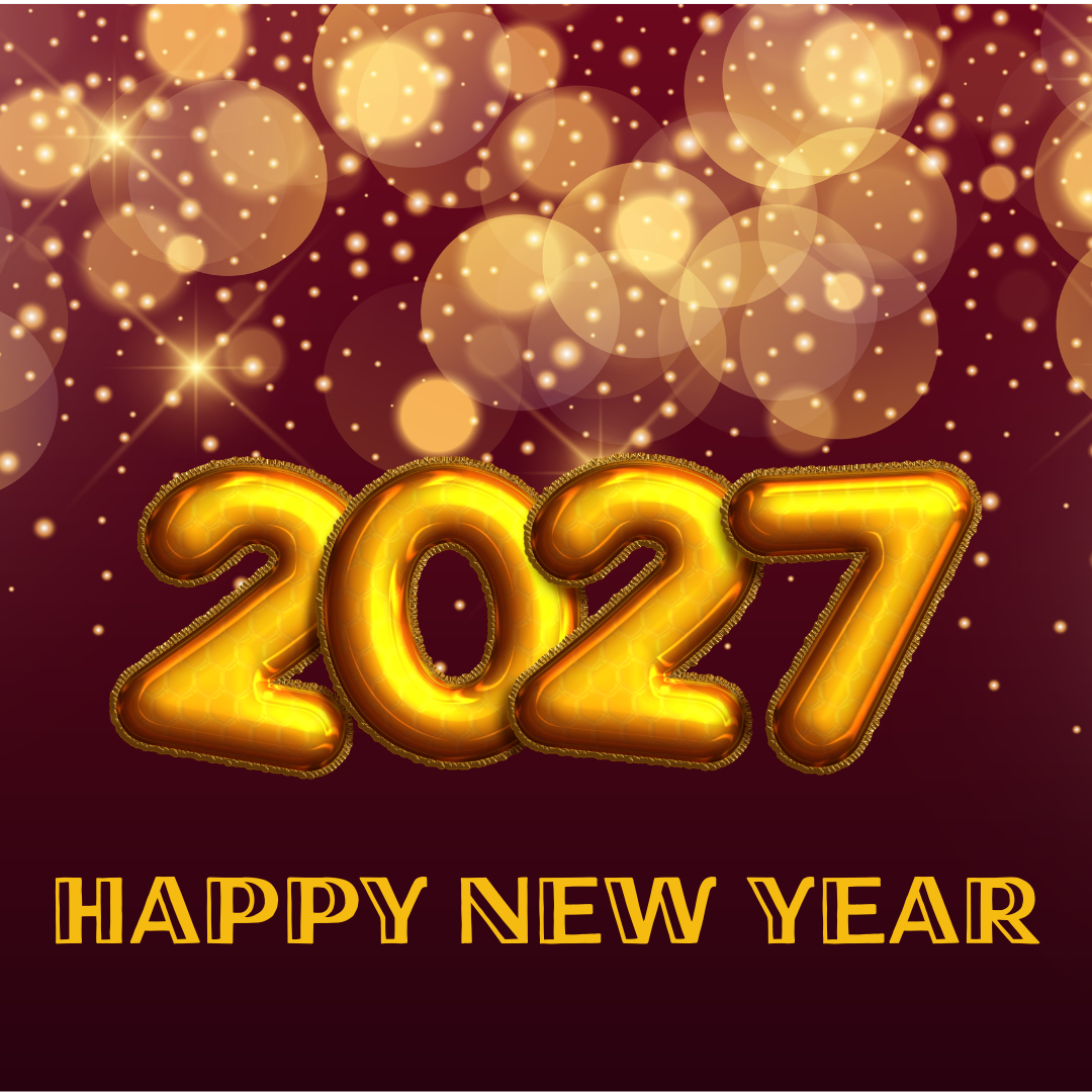 Gold balloons shaped as “2027” with “Happy New Year” written underneath, set against a background of golden lights and bokeh effects.