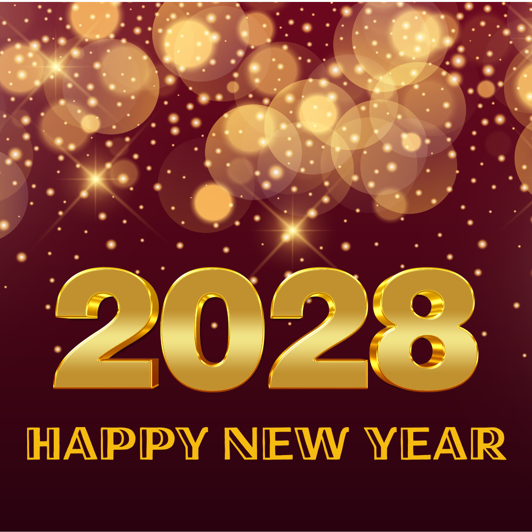 Gold text reads “2028 HAPPY NEW YEAR” on a maroon background with gold bokeh lights and sparkles.