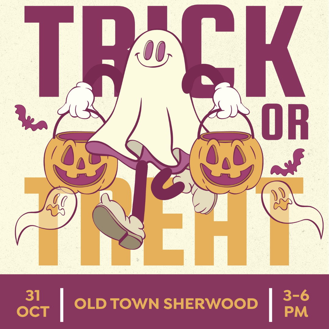 Cartoon ghost holding two jack-o’-lanterns with “Trick or Treat” text. Event details: Oct 31, Old Town Sherwood, 3–6 PM. Ghosts and bats in the background.