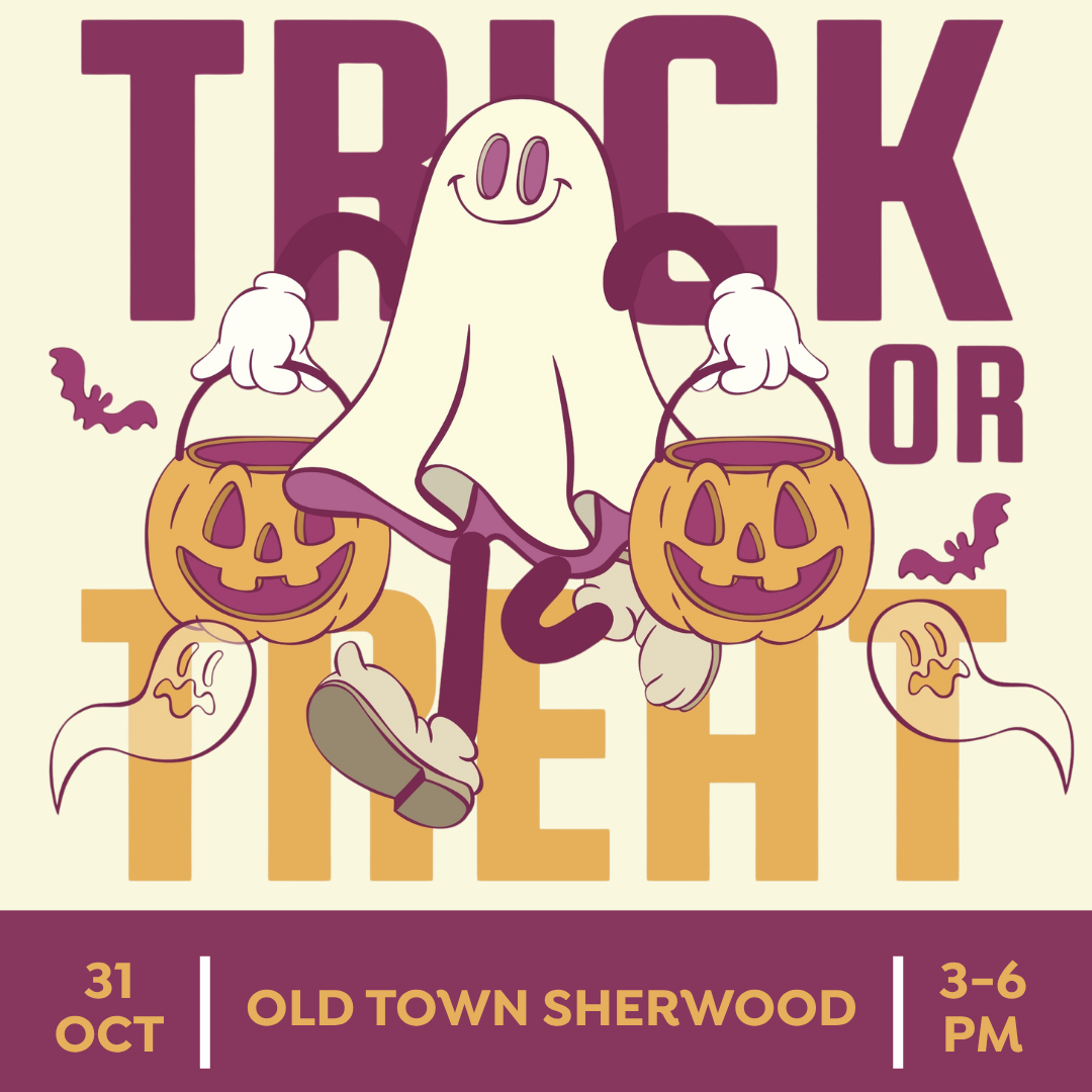 A smiling ghost holding two jack-o’-lantern buckets with “Trick or Treat” text and Halloween event details for Oct 31, 3-6 PM, Old Town Sherwood.