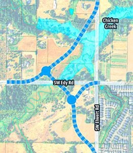 Aerial map of the proposed roadway alignment for the Elwert Road and Edy Road Realignment Feasibility Study, crossing SW Edy and SW Elwert Roads near Chicken Creek.