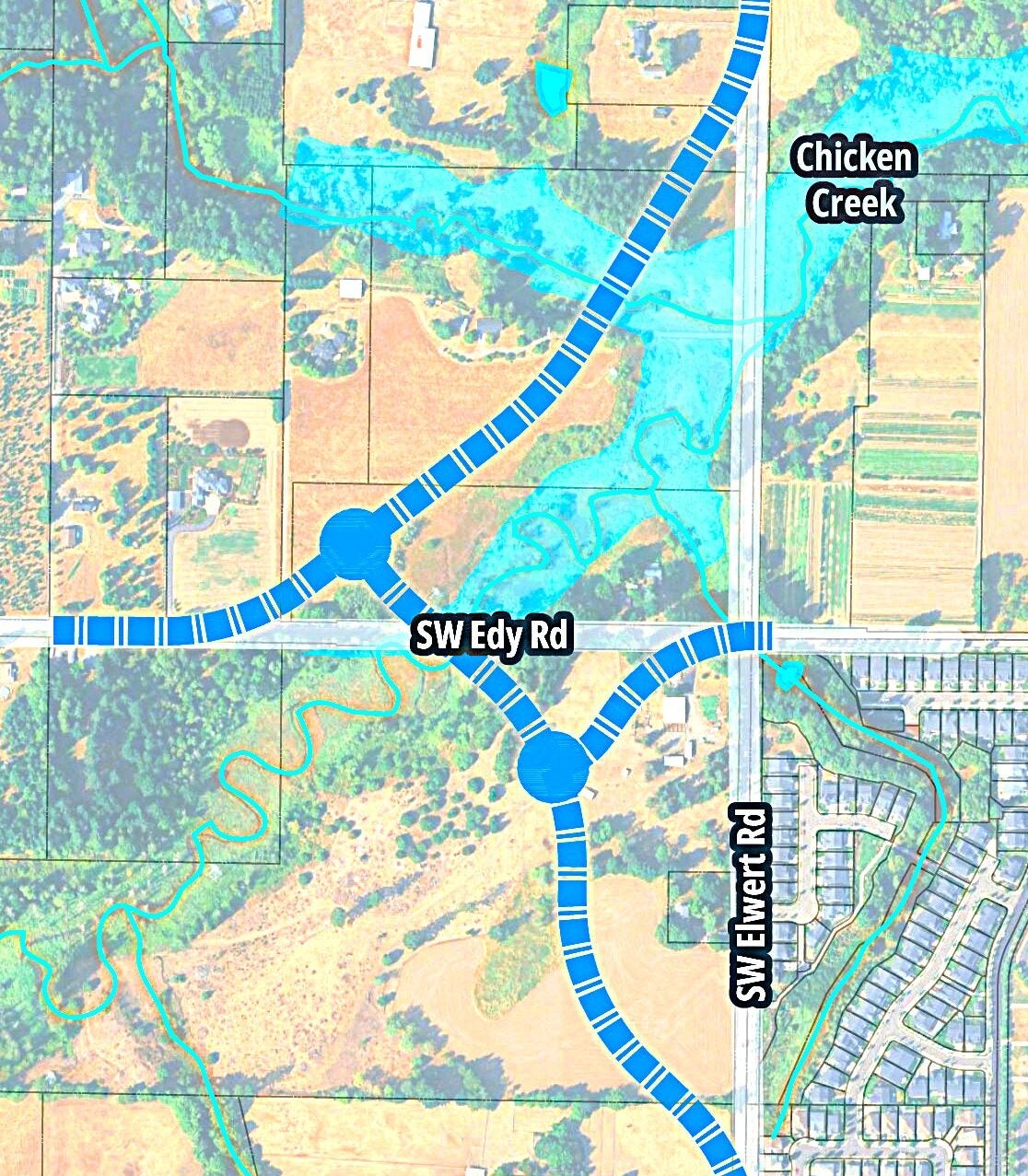 Aerial map of the proposed roadway alignment for the Elwert Road and Edy Road Realignment Feasibility Study, crossing SW Edy and SW Elwert Roads near Chicken Creek.