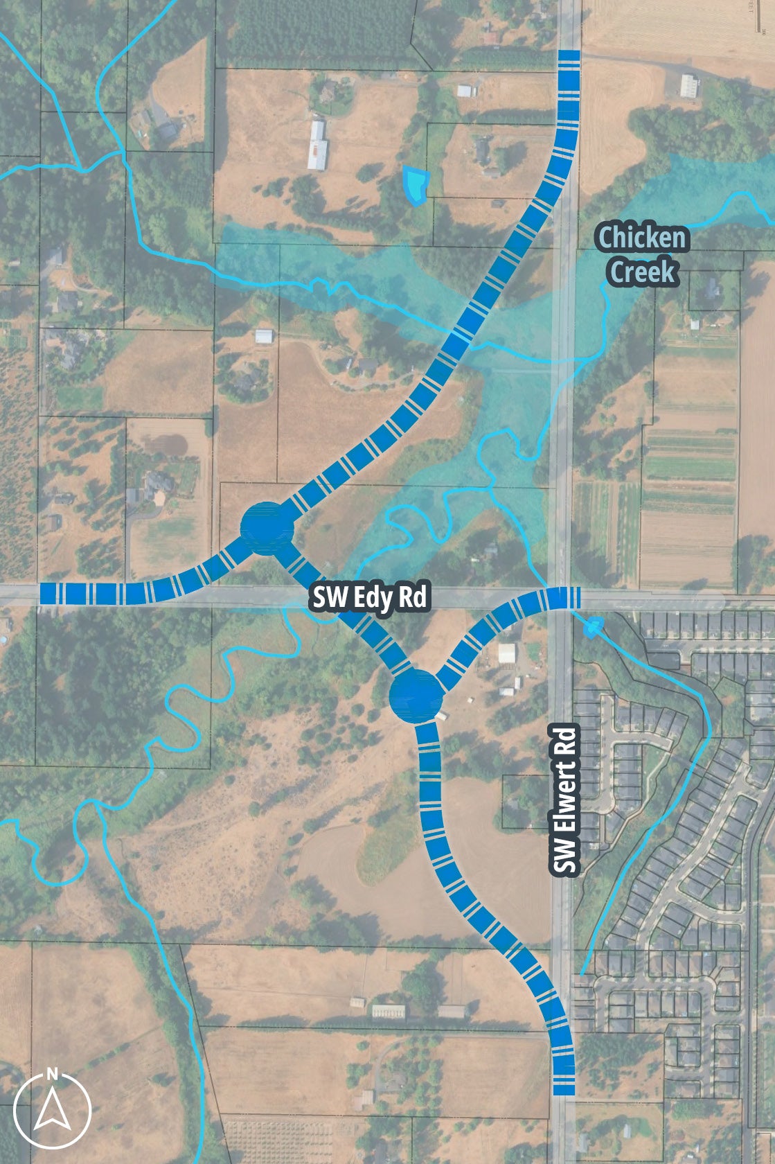 Aerial map of the proposed roadway alignment for the Elwert Road and Edy Road Realignment Feasibility Study, crossing SW Edy and SW Elwert Roads near Chicken Creek.