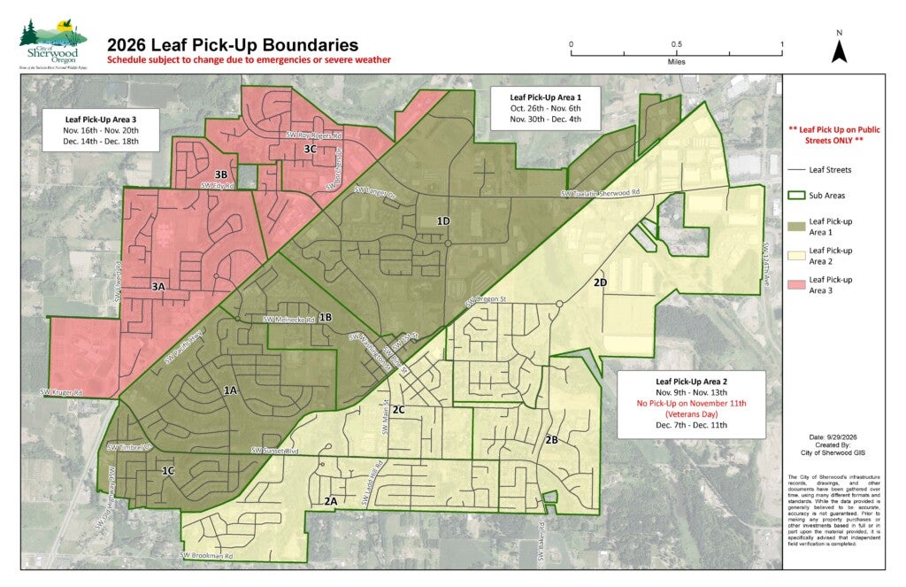 Map of 2026 leaf pick-up areas in Sherwood, Oregon, showing collection dates for areas 1, 2, and 3, and a legend for boundary streets.