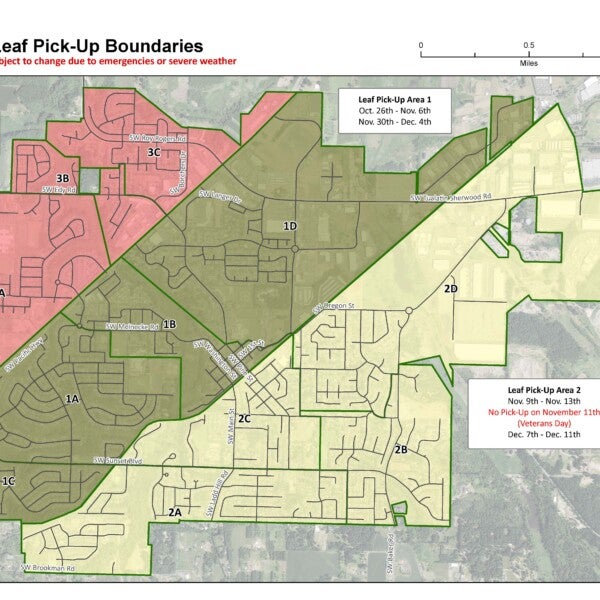 Map of 2026 leaf pick-up areas in Sherwood, Oregon, showing collection dates for areas 1, 2, and 3, and a legend for boundary streets.