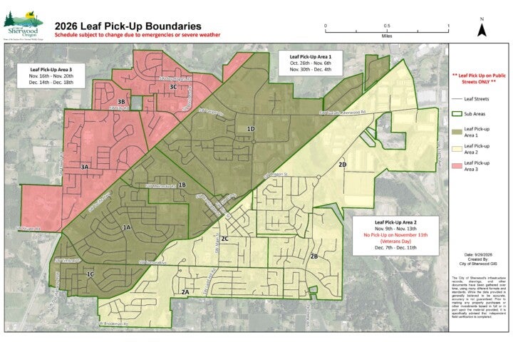 Map of 2026 leaf pick-up areas in Sherwood, Oregon, showing collection dates for areas 1, 2, and 3, and a legend for boundary streets.