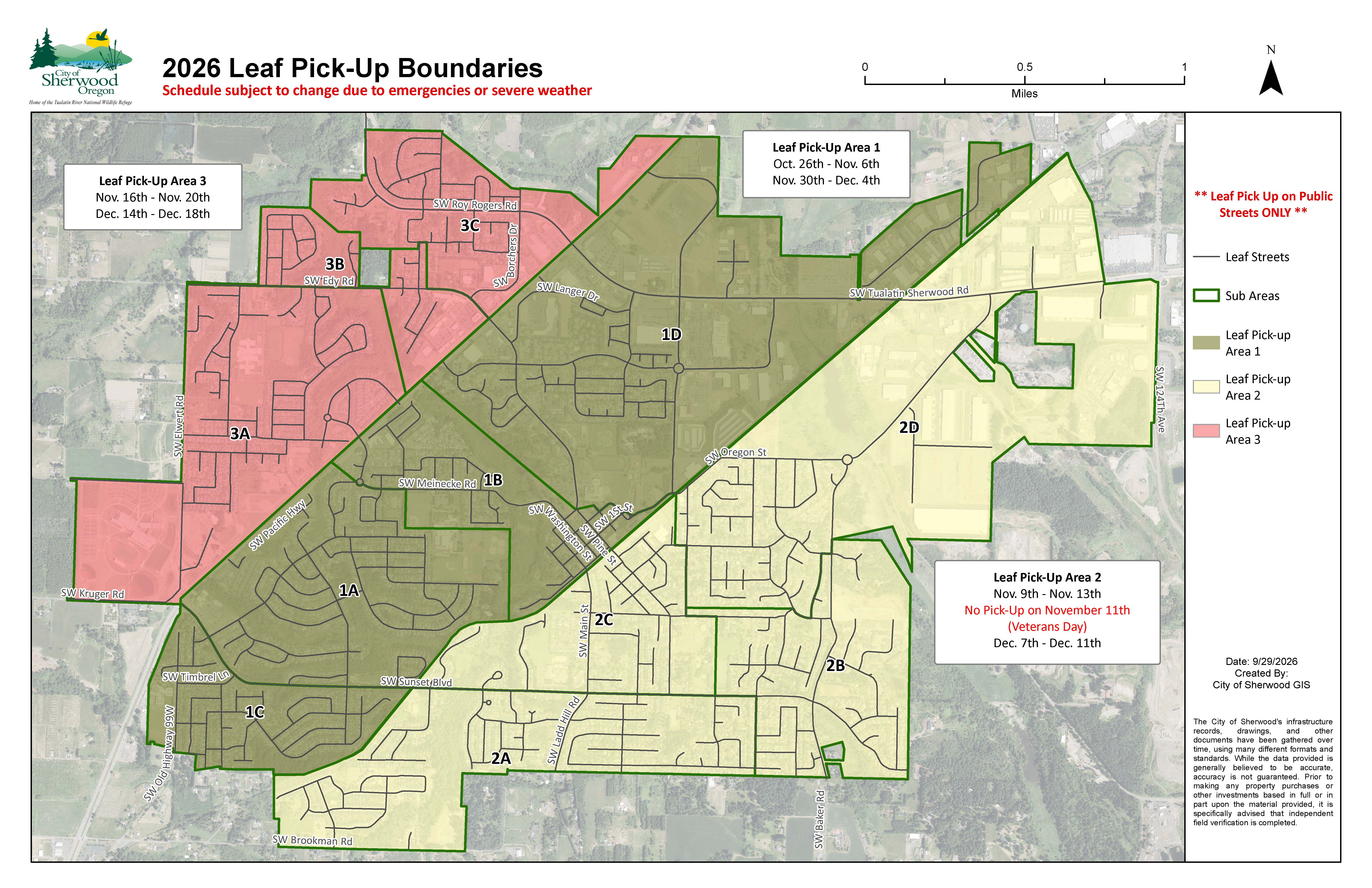 Map of 2026 leaf pick-up areas in Sherwood, Oregon, showing collection dates for areas 1, 2, and 3, and a legend for boundary streets.