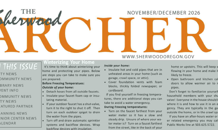 Sherwood Archer newsletter cover for November/December 2026, featuring an article on winterizing your home.
