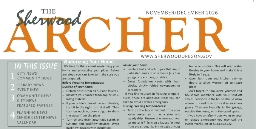 Sherwood Archer newsletter cover for November/December 2026, featuring an article on winterizing your home.
