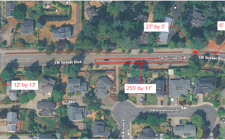 Aerial map of SW Sunset Blvd with red outlines and labels indicating measurements for different sections of the roadway.