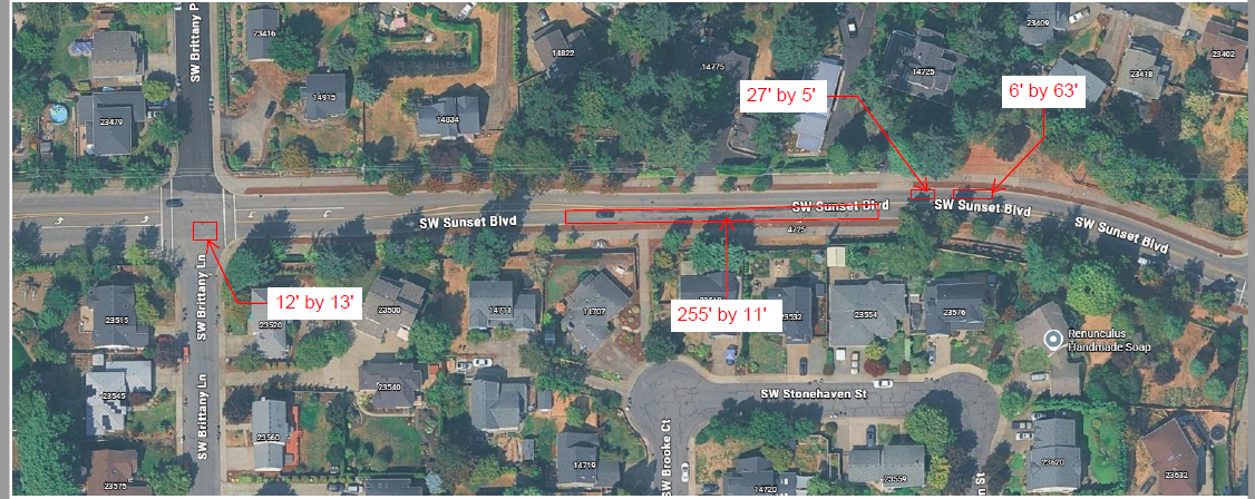 Aerial map of SW Sunset Blvd with red outlines and labels indicating measurements for different sections of the roadway.