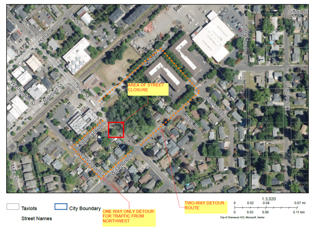 Aerial map of a city area showing street closure, one-way detour for northwest traffic, and a two-way detour route, with key areas highlighted in red and yellow.