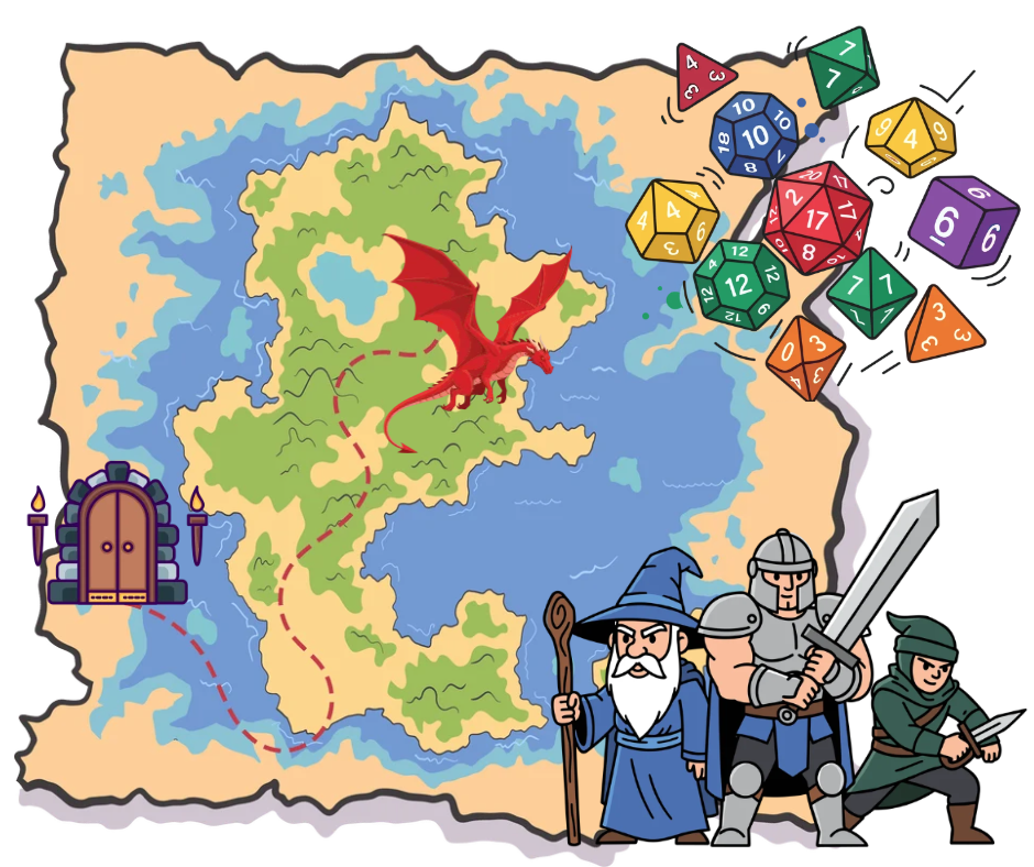 A fantasy map featuring a dragon, a dungeon entrance, and a party consisting of a wizard, a warrior, and a rogue, with a cluster of colorful polyhedral gaming dice in the upper right.